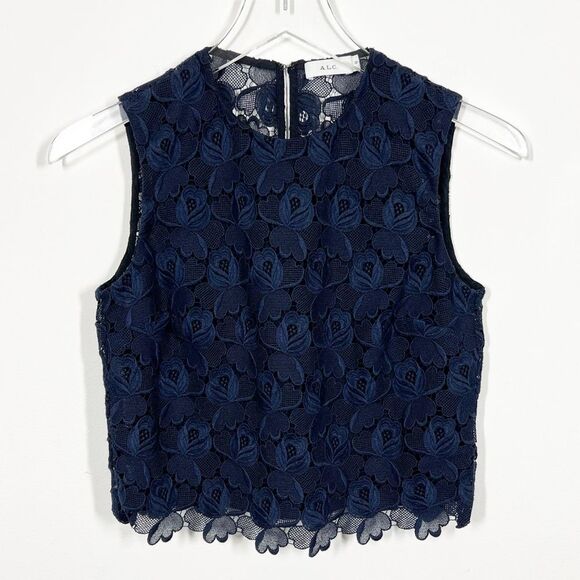 A.L.C. Women Size 0 Adriana Navy Blue Floral Lace Sleeveless Crop Top Shirt - Picture 12 of 13